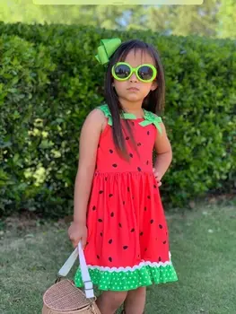 Baby meitenes vasaras kleita meitenēm augļu arbūza sarkans un zaļš, kleita cute kleitu ar loku vairumtirdzniecība