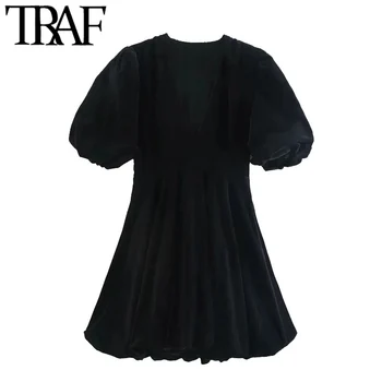TRAF Sieviešu Šiks Modes Vaļīgu Īsām Piedurknēm Samta Mini Kleita Vintage V Kakla Sānu Rāvējslēdzēju Sieviešu Kleitas Mujer