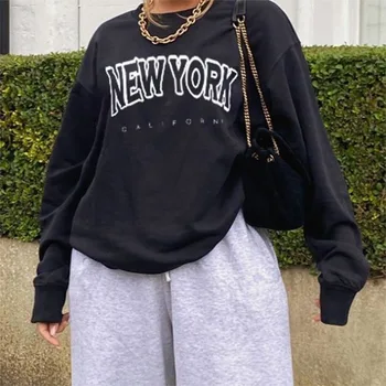ŅUJORKAS Vēstuli Drukāt Melnā Crewneck Sieviešu Krekls ar garām Piedurknēm Plus Lieluma Modes Streetwear ASV franču Stilā Rudenī 2020 Sievietēm