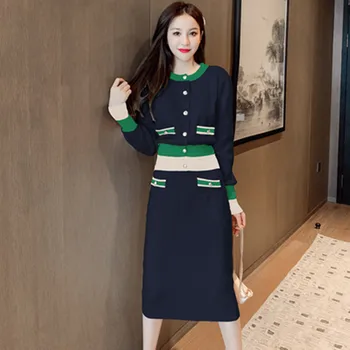 Korejas Trikotāžas 2 Gabals Svārki Komplekti Sievietēm Viena-krūšu Līmēšana Džemperi + Elastic Spēkā Svārki Uzvalki Gadījuma Modes Elegants Komplekts