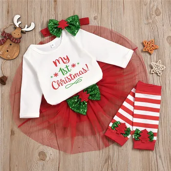 Baby Girl Apģērbu Komplekts Undefined Tērpiem Ziemassvētku garām Piedurknēm Bērnu Kombinezonus + Tutu Acs Svārki 4GAB Ropa Bebe детская одежда