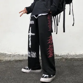 QWEEK Punk Hipiju Platas Bikses Sievietēm Gothic Harajuku Bikses korejas Streetwear Grafiti Anime Vaļīgas Bikses Goth Bikses, Modes