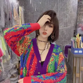 Sieviešu korejas Fashon Iela valkāt Vaļēju Jaku Drukāt Džemperi Knited Virsdrēbes Jaunu Stilu 2020