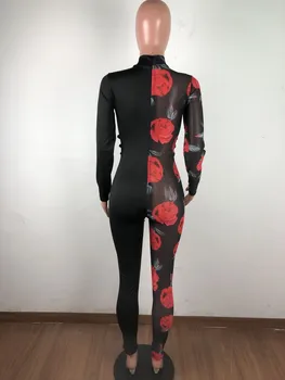ANJAMANOR Ziedu Iespiesti Acs Raibs Jumpsuit Sexy Club Tērpi Sievietēm Pavasarī Ir 2021. Longsleeve Bodycon Romper 30-CF31