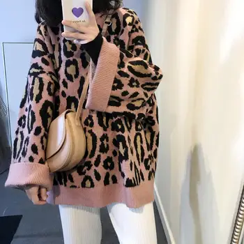 Bella filozofija Leopard Džemperis Sievietēm O Apkakli, garām Piedurknēm Apkakli Vintage Mīksti Topi korejiešu Jaunā Modes Streetwear Pull Femme