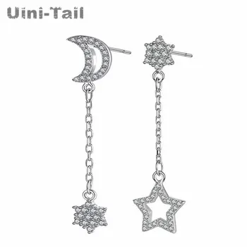 Uini-Asti karstā jauns 925 sterling sudraba asimetriska zvaigznes, mēness pušķis auskari ilgi korejiešu versiju, mikro-kastīšu hipoalergēna