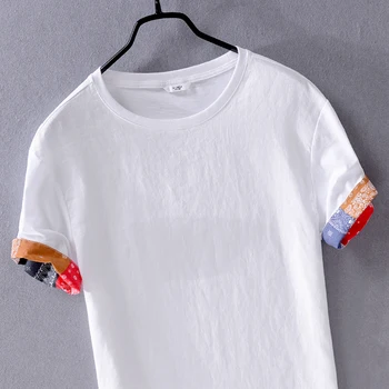Lina un kokvilnas izšūšanas vasaras t krekls vīriešu zīmols, balts t-krekls vīriešiem apaļu kakla t krekli vīriešu t chemise camisa