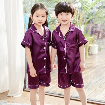 Zēni Zīda Pidžamu 2020. Gada Vasaras Īsām Piedurknēm Bērnu Komplekts Meitene Sleepwear Komplekti Plānas Zīda Pidžamu Tērps Meitenēm Pidžamas Komplekti Bērniem
