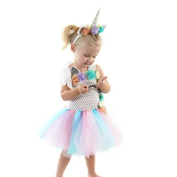 Bērnu Sudraba Auss Unicorn meitene TuTu Princešu Kleita Viduklis Ziedu Īsu Kleitu Meitene Birthday Party Kostīms ietver Galvas stīpa