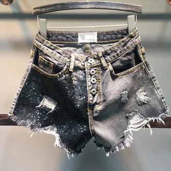 Strutas izmēra 5XL vasaras modes Sieviešu Džinsa Bikses, Vizuļi augsta vidukļa vienu krūtīm, Tassles plaša kāju džinsi šorti