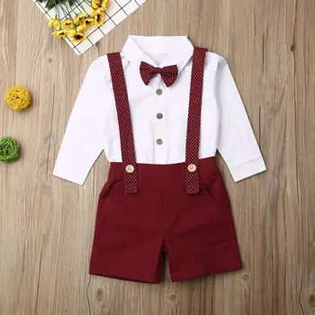 Toddler Bērniem, Baby Boy Apģērbs Uzstādīt 2019. Gada Rudenī ar garām Piedurknēm Džentlmenis T-krekls Topi Sarkana Siksniņa Bikses (Dungriņi) Apģērbu Tērpiem 2GAB