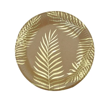 Kalpo 8 zelta zīmogs palmu lapu kāzas, dzimšanas dienas vienreizējās lietošanas puse galda dinnerware puses piegādes komplekts papīra šķīvji krūzes salmiņiem