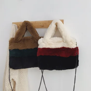 Ziemas dāmas somas mākslīgās kažokādas izšūšanas krāsu dāmas plīša pleca soma, modes ķēdes sieviešu rokas Messenger bag somas valle