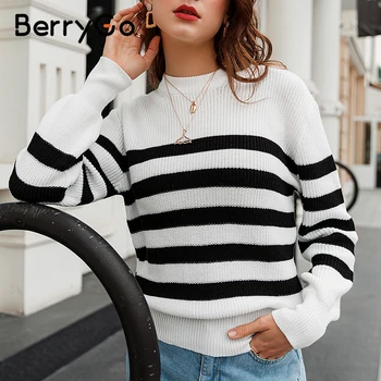 BerryGo Modes melns, baltu svītru, trikotāžas džemperis Apkalpes kakla zaudēt garām piedurknēm ziemas Džemperis Ikdienas mājas stila džemperis 2020