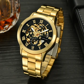 KARUNO Luxury Gold Vīriešu Skatīties, Automātisko, Mehāniskās Skatīties MenClock Relogio Masculino Cilvēks Nerūsējošā Tērauda Uzņēmējdarbības rokas Pulkstenis