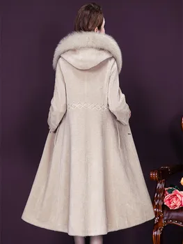 Sieviešu Aitu Cirpšana Mēteli, Ziemas 2020 Modes Elegants Sabiezēt Stepēts Jakas Kapuci Kažokādas Apkakle Topi Ilgi Vilnas Maisījumi Sieviete
