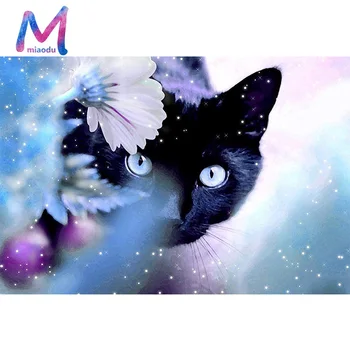 MIAODU Dimanta 5D DIY Dimanta Krāsošana Melns Kaķis Pilnu Kvadrātveida Izšuvumi Krustdūrienā Rhinestone Mozaīkas Krāsošana Dekoru, Dāvanu