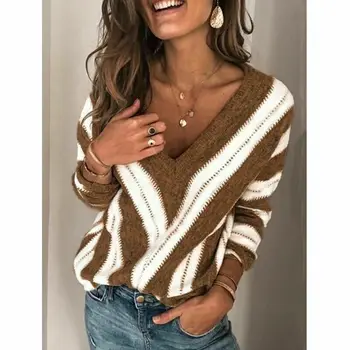 Modes Rudens Džemperis Sievietēm Casual Slim V-Veida Kakla Zemāko Svītru Prinrt Garām Piedurknēm Džemperis Dāma Siltu 6 Krāsas
