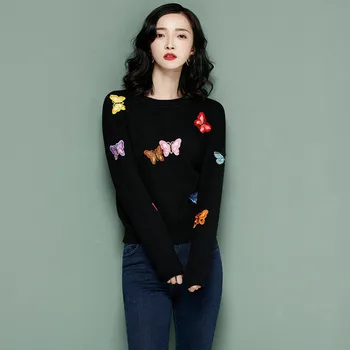 Korejas Sieviešu Trikotāžas Izšūti Džemperis Džemperis Sieviešu Butterfly Ziedu Džemperis Femme Triko Pull Rudens džemperis fem