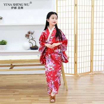 Meitenes Kimono, Japānas Tradicionālās Drēbēs Satīna Yukata Bērnu Print Kleita Līgavas Puķu Meitene Apģērbs Zīda Naktskrekls Pāvs Drēbes