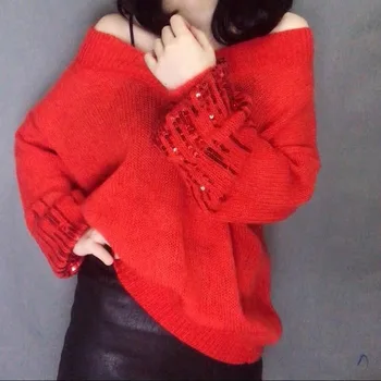 Mohēra V Kakla Garām Piedurknēm Adīts Džemperis Blingbling Sievietēm Zaudēt Korejas Modes Rudens Sākumā Sexy Redzēt Cauri Puloveri