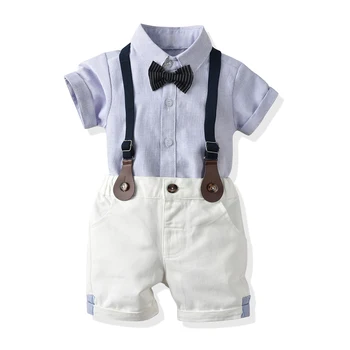 Top un Top Cute Baby Zēnu Kokvilnas Apģērbu Zīdaiņiem Apģērbs Striped Set Atloks, Krekls, Bikses Džentlmenis Uzvalks Dzimšanas Dienas Tērpi