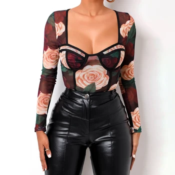 Melnā Rožu Ziedu Acs Bodysuits Sieviešu Leotard Topi Bez Piedurknēm Vintage/Garām Piedurknēm Slim Fit Bodysuit Dāma Zemāko Krekli