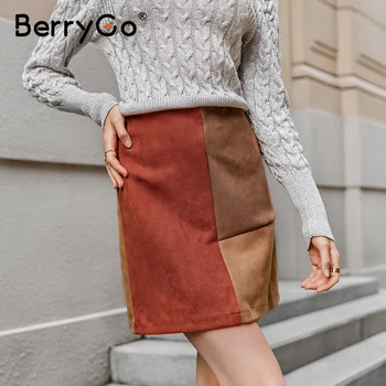 BerryGo Elegants ietekmes krāsu sadalīt apvienotā sieviešu svārki-line bodycon mini svārki lielās ielas ziemā silts īsi svārki dāmas 2020