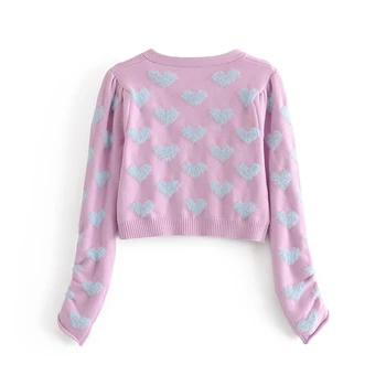 Rudens Modes Salds Cute Rozā Sirds formas Sieviešu Džemperi divdaļīgs Kostīms V-veida kakla Īsās Jakas Džemperi+Linga Trikotāžas Crop Topi