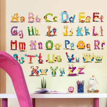 Karikatūra kukaiņu alfabētu, sienas uzlīmes, bērnu istaba, bērnistaba pašlīmējošas vinila decals mākslas agrīnās izglītības sienas plakātu DIY dc28