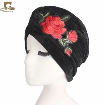 Jaunā Luksusa Sievietes Rose Puķu Stiept Samta Turban Headwrap Chemo Beanie Hijab Klp Cepures