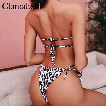 Glamaker Leopards drukāt bikini komplekts Lenta peldkostīmi sieviešu Backless peldkostīmu sieviešu Brazīlijas bikini, sandales peldkostīms biquini