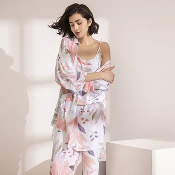 KARSTĀ PĀRDOŠANAS 3Pcs Mīksta Pidžamas Komplekts SPRING & FALL Dāmas Sleepwear Ziedu Iespiesti Rozā Lapām Jaciņa+Kamzolis+Bikses Homewear