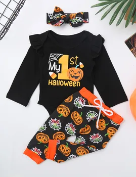 Infant Baby Meitenes Halloween Drēbes āķu Uzmavas Ķirbju Raksts Iespiests Romper ar Galvu Bikses Ikdienas Apģērbu