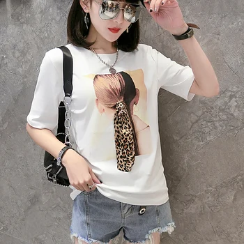 Korejas O-veida Kakla Leopard Fashion Drukas T 2019 Jauno Vasaras Gadījuma Top Drēbes Kreklu Camiseta Mujer Īsām Piedurknēm Krekls T95111L
