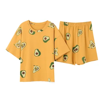 Jaunās Apkalpes Kakla Avokado Drukāšanas Ikdienas Stila Homesuit Homeclothes Modes Stila Īsām Piedurknēm Īsās Bikses Yellow Top Pidžamas Komplekts