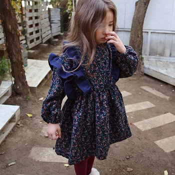 Meitenes Ziedu Kleitu Rudens Stila Savirmot Bieza Salda Mežģīņu Kleita Bērnu Apģērbu 2-7 Gadus Vecu Bērnu Bērniem Princese Apģērbs