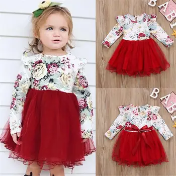 Emmababy Jaunākās Modes Toddler Baby Girl Apģērbu Ziedu Drukāt Garām Piedurknēm Tutu Tilla Kleita Viengabala Apģērbs Sundress