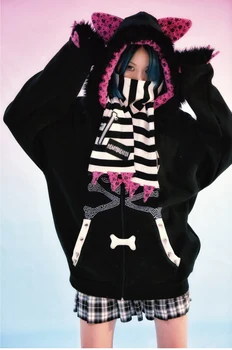 Gotu, Punk Meitenes galvaskauss Drukas Ziemas Melnu Rāvējslēdzēju Hoodies ar garām Piedurknēm Rozā Leopard Auss Kapuci sporta Krekls Japāna Ikdienas Džemperis