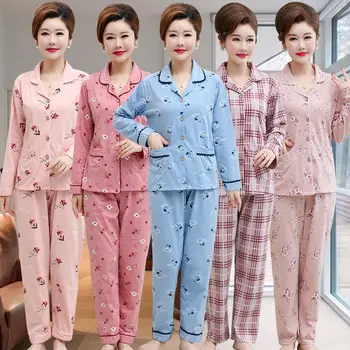 Kokvilnas Sieviešu pidžamas Komplekts Drukāts Sieviešu Sleepwear 2gab/daudz Pagrieziena uz leju Pyjama ar Kabatas Sleepwear Naktsveļu Uzstādīt Pijama
