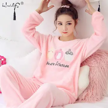 Ziemas Flaneļa Sieviešu Sleepwear Girls Karikatūra Drukāt Pidžamas Komplekts Pulovers Coral Fleece Pijamas Mājas Tērpi