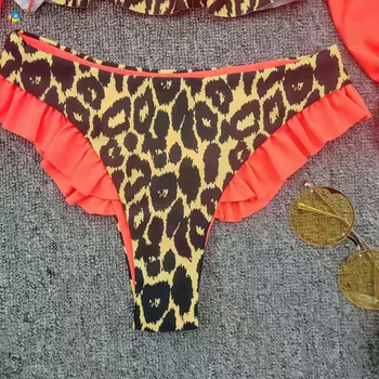 Para Praia Leopard Garām Piedurknēm Bikini Komplekts Sexy Puff Piedurknēm Acs Sexy Bikini Push Up Peldkostīmi, Thong Peldkostīmu Mežģīnes Peldkostīms