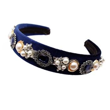 Elegants Vintage Plata Tumši Zila Kristāla Un Rhinestone Galvu Ziedu Pērles, Samts Hairband Sieviešu Matu Aksesuāri