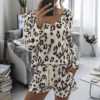 Apaļa kakla sleepwear pidžamas sieviešu iekštelpu zaudēt vasaras atpūtas valkāt nightgowns sleepshirts jauno leopard print sieviešu pidžamas komplekts