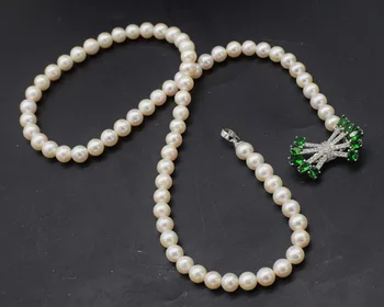 Saldūdens pērļu baltā kārta + zaļā zircon aizdare 6-7mm AA kaklarota 22inch vairumtirdzniecības pērlītēm dabas FPPJ sieviete
