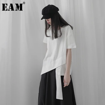 [EAM] Sievietes Baltās Lentes Asimetrisks Sadalīt Liela Izmēra T-krekls Jaunu Apaļu Kakla Īsām Piedurknēm Modes Jūra Pavasara Vasaras 2021 1T237