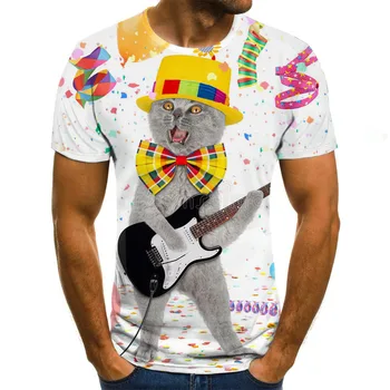 Gudrs kaķis modelis T-krekls vasaras gadījuma īsām piedurknēm O-veida kakla top 3D dzīvnieku print streetwear vīriešu apģērbs