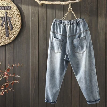 Jaunas Vasaras Sieviešu Elastīgs Viduklis Vintage Jeans Izšūtām kokvilnas Džinsa Harēma Bikses visiem atbilstības Gadījuma Zaudēt Ripped Džinsi S500