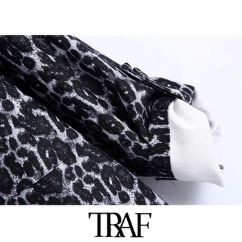 TRAF Sieviešu Modes Lielgabarīta Leopards Drukāt Asimetriska Jaka Vintage Mētelis ar garām Piedurknēm Kabatas Sieviešu Virsdrēbes Šiks Topi