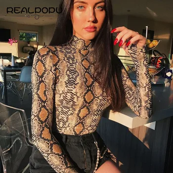 Realpopu čūskas ādas augstu uzrullētu apkakli ar garām Piedurknēm Bodysuit Sexy Bodycon Modes Romper Sieviešu Jumpsuit Kopumā Trikotāžas Combinaison